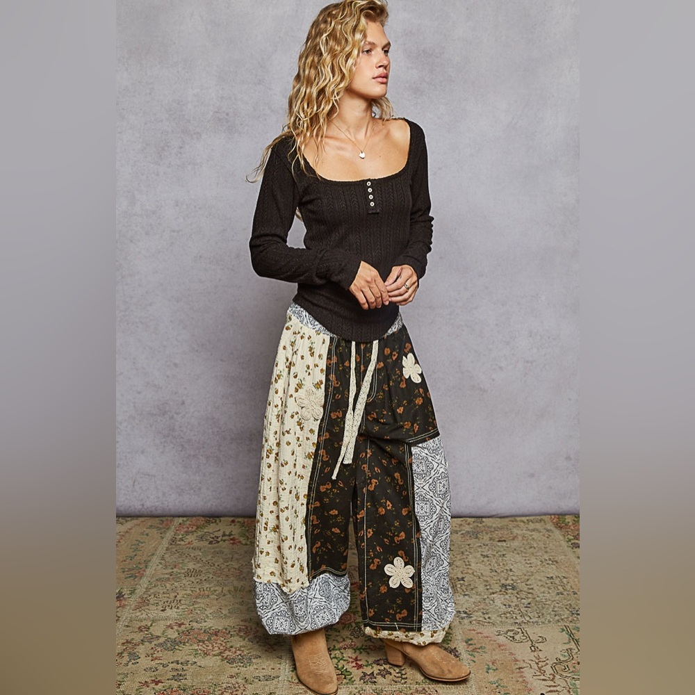 Pol “ Bloom + Loom Pants “ Patchwork Joggers Blac… - image 7